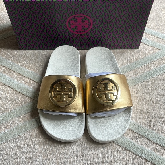 Tory Burch Shoes - NWT Tory Burch Lina Slide-Metallic Gold - Size 5